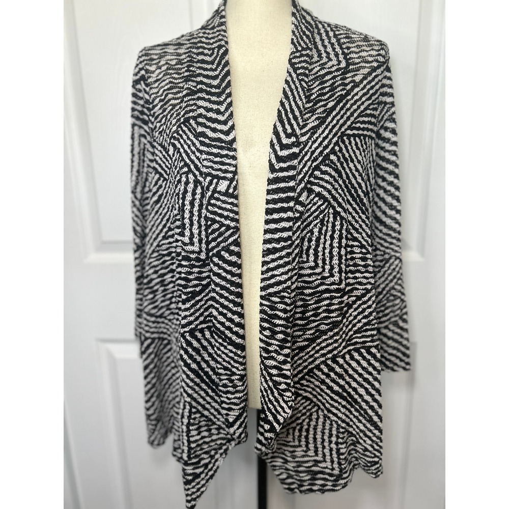 Travel Elements‎ Open Front Cardigan Black White Geometric Knit Size M